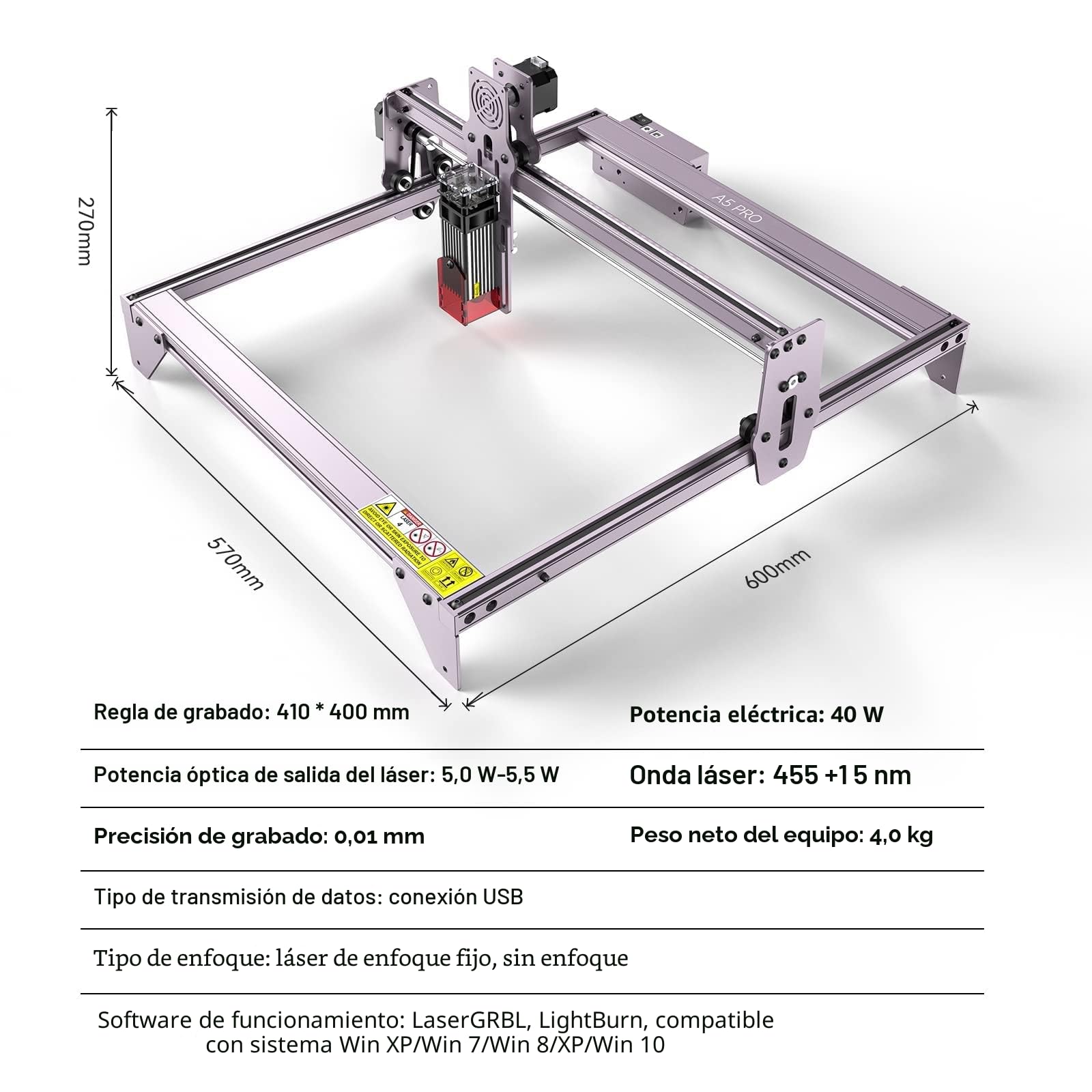 Máquina de grabado láser A5 Pro, 40 W, cortador de madera CNC con foco comprimido, corte de alta precisión para madera y metal, 455 ± 5 nm, rango de trabajo 410 mm x 400 mm