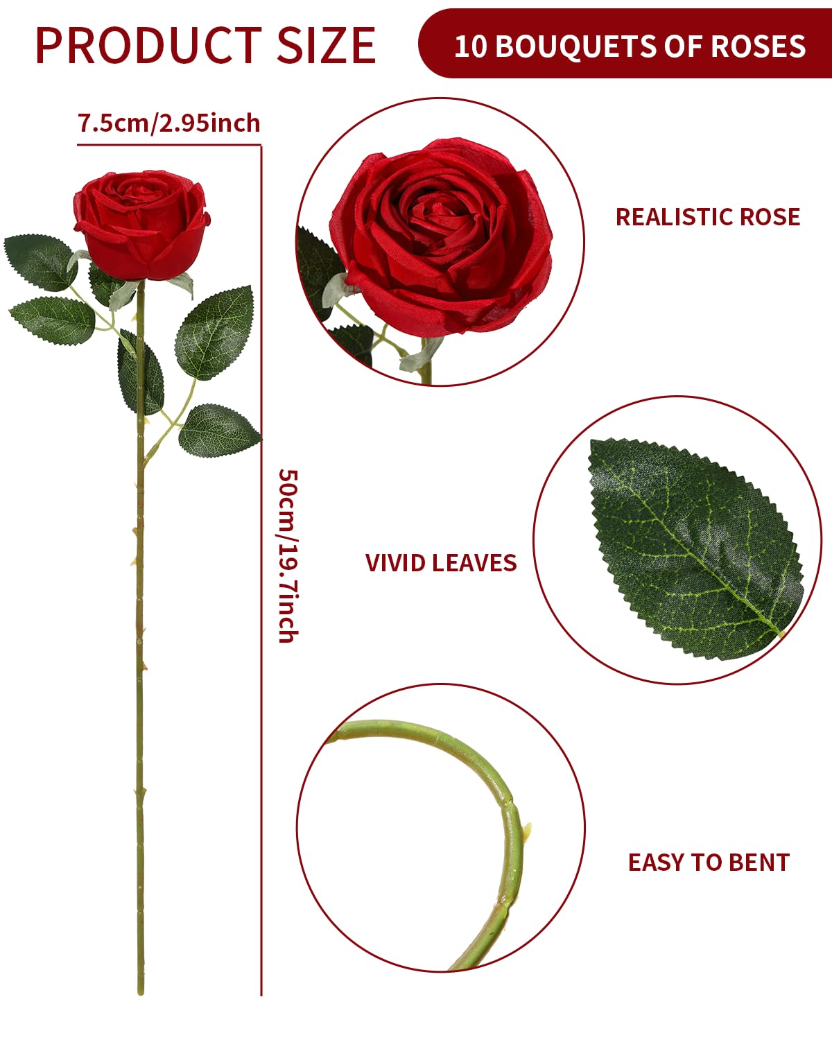 LEUCHTAMOR 10pcs Artificial Roses Red Fake Rose Flower Realistic Faux Roses for DIY Wedding Bouquets Bridal Shower Centerpieces Floral Arrangements Party Tables Home Decorations - Image 3