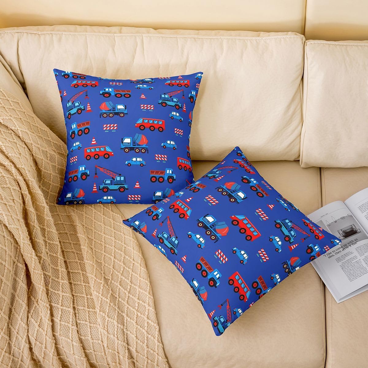 Castle Fairy Excavator Kids Throw Pillow Cover,Cartoon Construction Truck Cars Pillow Case,Transport Equipment Car Bed Couch Sofa Cushion Cover,Blue Purple Home Decor,2 Pack 16"x16" image 2