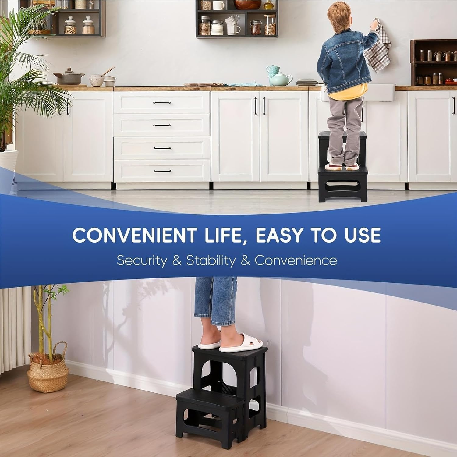 Step Ladder Foldable Step Stool Kitchen 2 Step Ladder Strong Load-Bearing 250 Lbs Load Non-Slip Wide Pedal for Indoor Outdoor stepstool