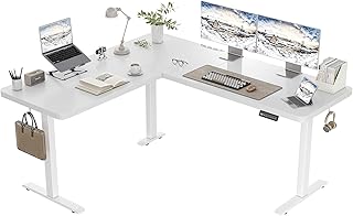 L-förmig Höhenverstellbarer Schreibtisch Elektrisch mit 3 Memory-Steuerung, 160 x 140cm Eckschreibtisch mit Kabelmanagement und Haken, Ergonomischer Computertisch Weiß