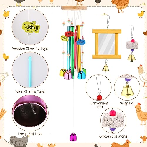 Soulchen 6 Pieces Chicken Toys for Coop Chicken Wind Chime Enrichment Toys Kits Chick Mirror with Bells Swing Hanging Chick Beak Grinding Calcium Stone for Coop Hens Chicks Poultry Birds Parrots