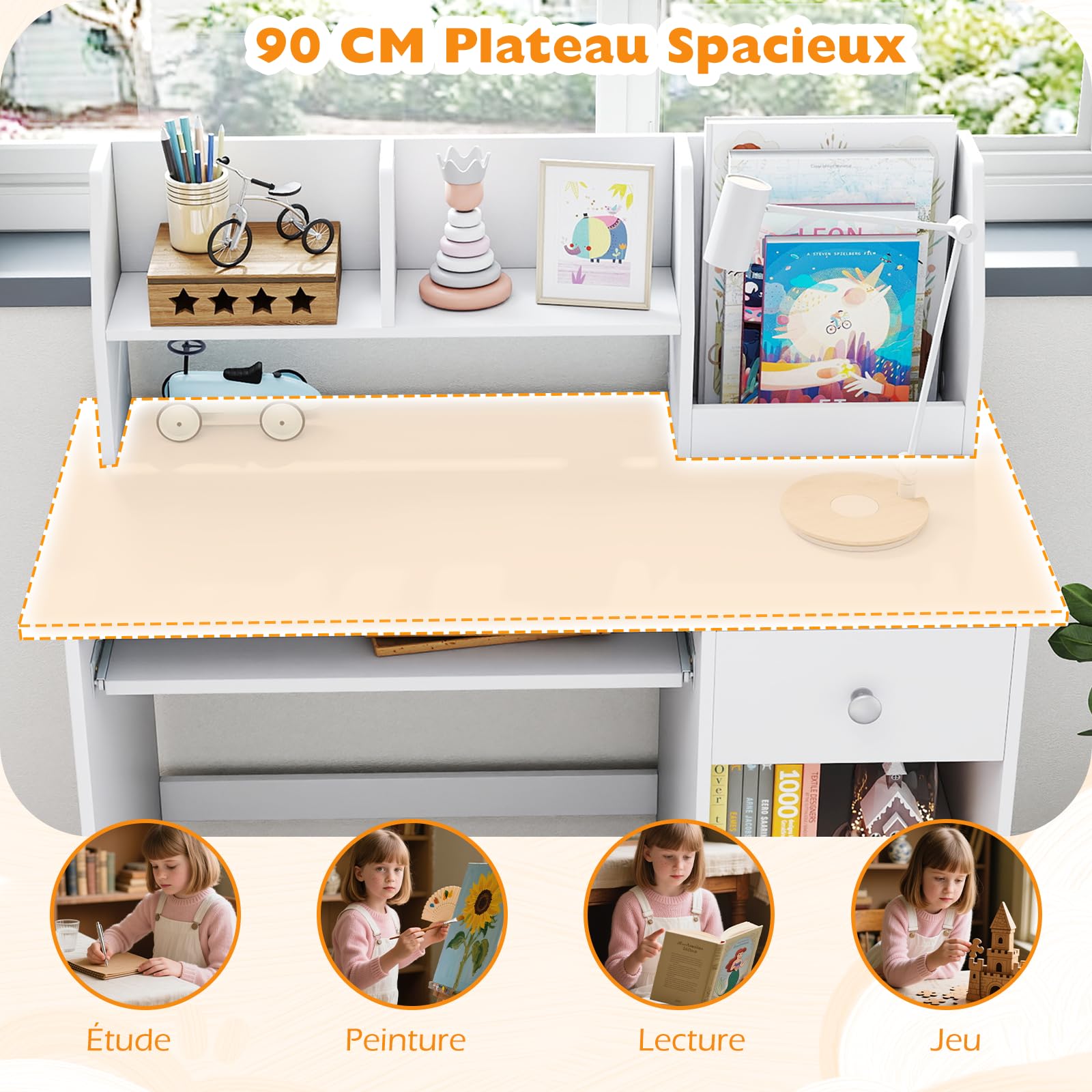 GOPLUS Bureau Enfant 3 en 1 avec Rangement, Tiroir et Étagères, Table Enfant en Bois 90x45x90CM Blanc