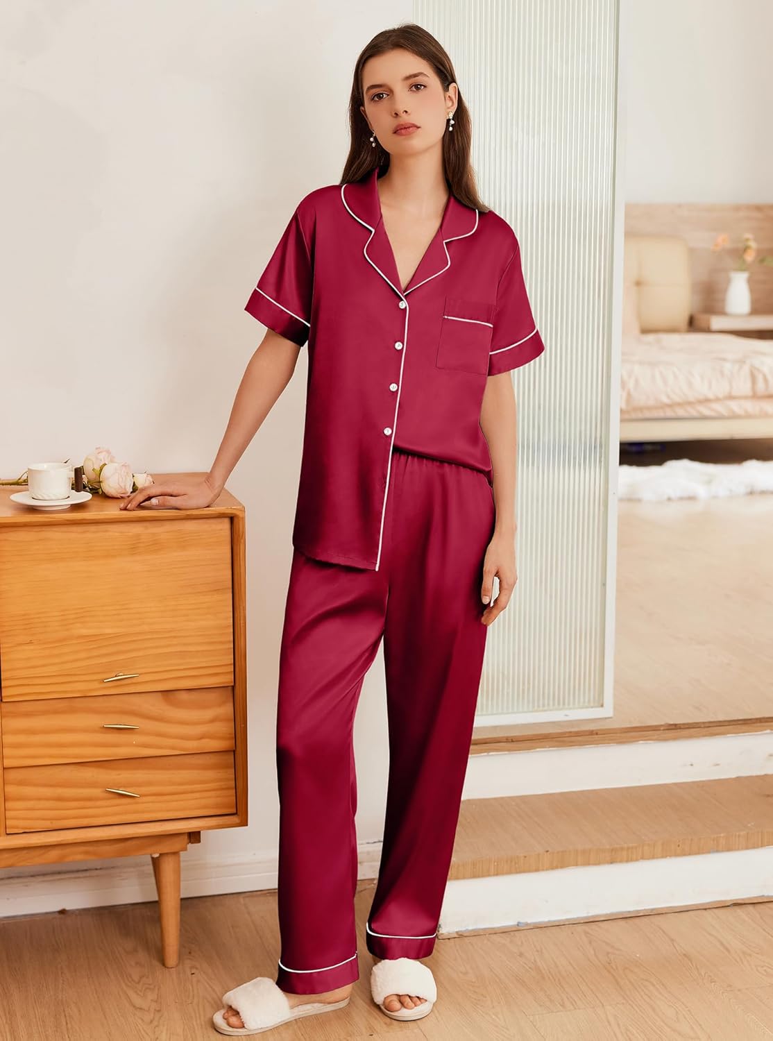 Ekouaer Womens Silk Pajama Sets Silky Short Sleeve Pjs 2 Piece Silk Button Down Pajamas Soft Satin Pj Pants Set - Image 7