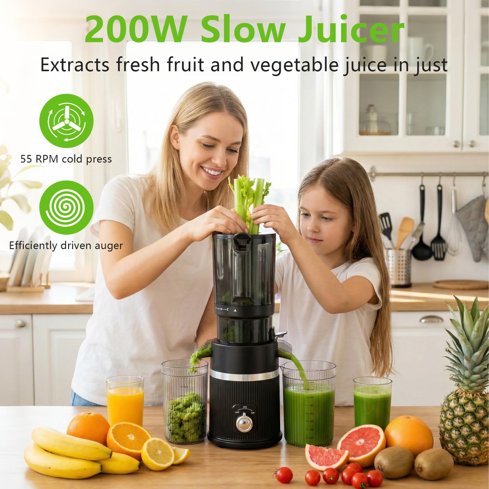 Sokowirówka Slow Juicer 200 W z dużym otworem wlotowym 112 mm do całych warzyw i owoców, zwycięzca testu, nie zawiera BPA, łatwa do czyszczenia, czarna