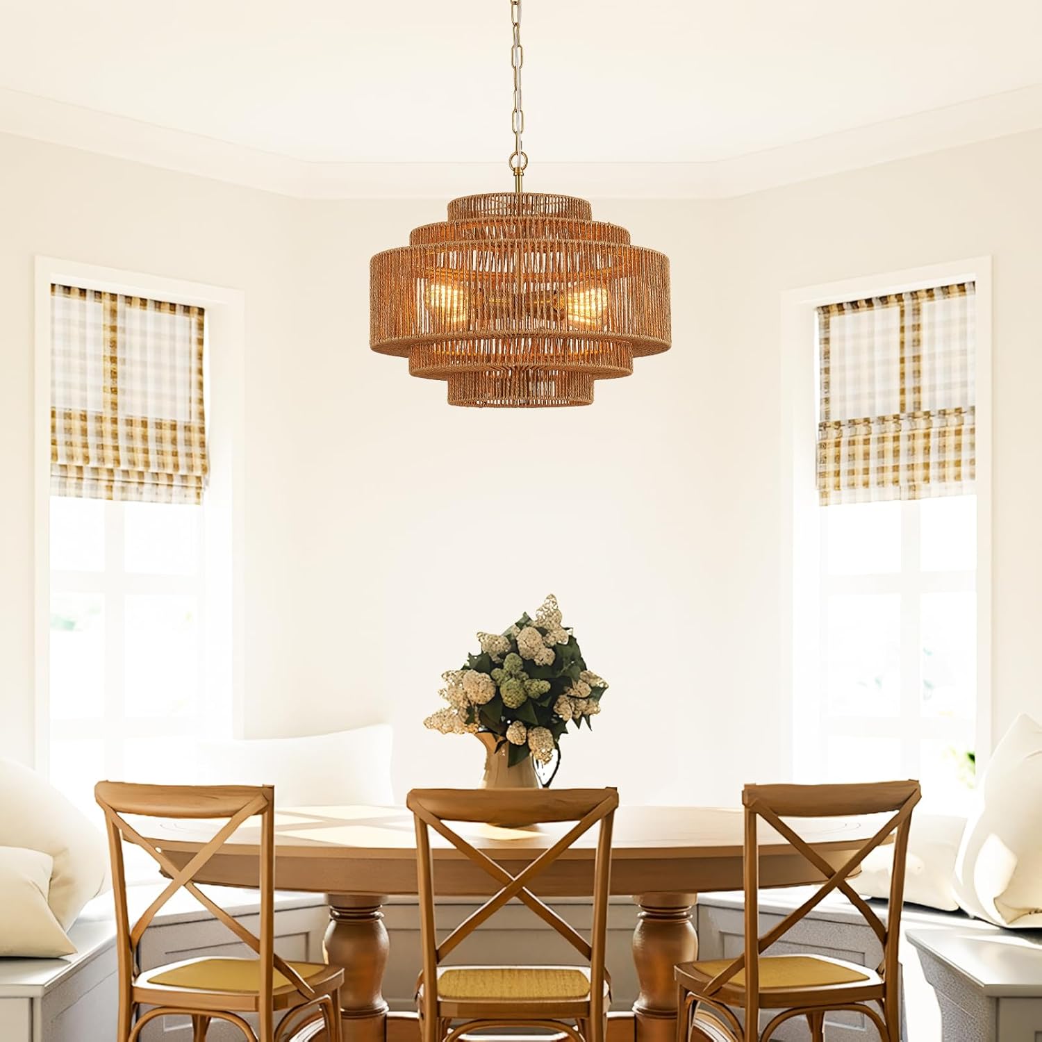 Hand-Woven Rattan Chandelier Dining Room Boho Chandelier 20in Bamboo Farmhouse Chandeliers 4-Light Vintage Light Fixtures Golden Chandeliers for Kitchen Island, Living Room, Bedroom