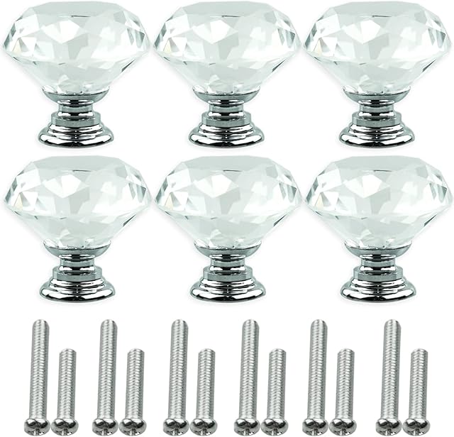 6 PCS Cabinet Knobs with 2 Sizes Screws, 30mm Drawer Handles Crystal Glass Diamond Shaped cupboards Door Knobs for Dresser Drawers and Kitchen, Bathroom Cabinet, Office