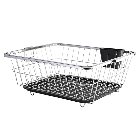 Kuber Industries Stainless Steel Dish Rack for Kitchen | Vessels Organizer Stands with Handle | Spoon Holder & Draining Tray Included | 17x22 Inch, 56x44x23 cm
