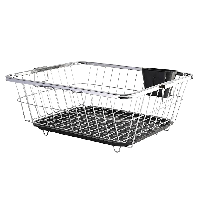 Kuber Industries Stainless Steel Dish Rack for Kitchen | Vessels Organizer Stands with Handle | Spoon Holder & Draining Tray Included | 17x22 Inch