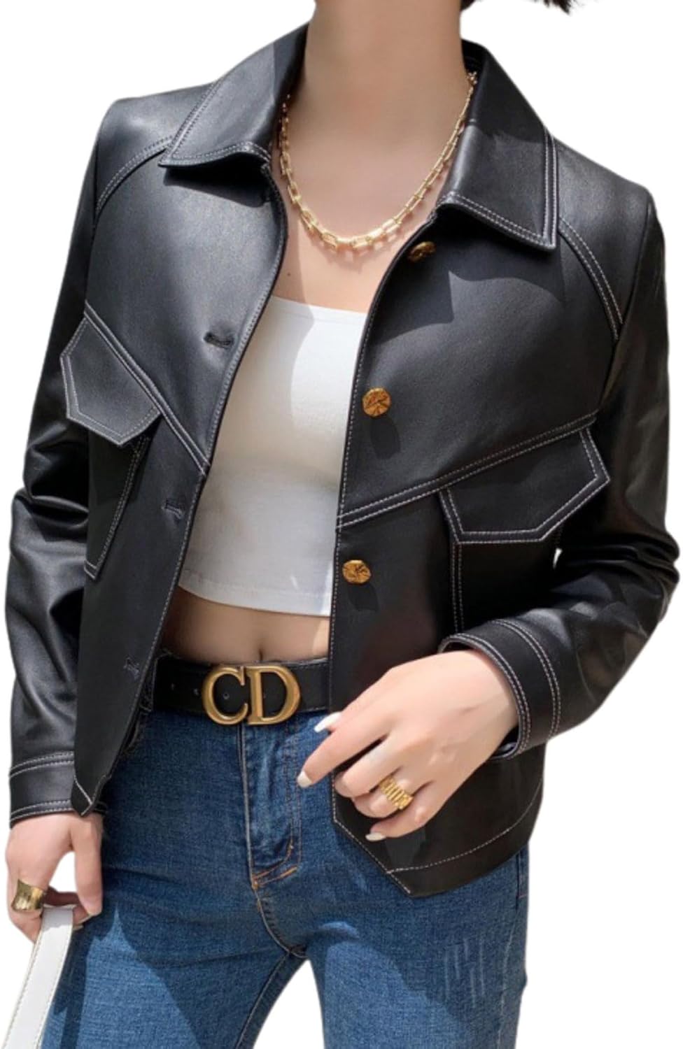 utcoco Women's Cropped Faux Leather Motorcycle Jacket 2025 Fall Fashion Button Up PU Coat Outerwear with Pockets