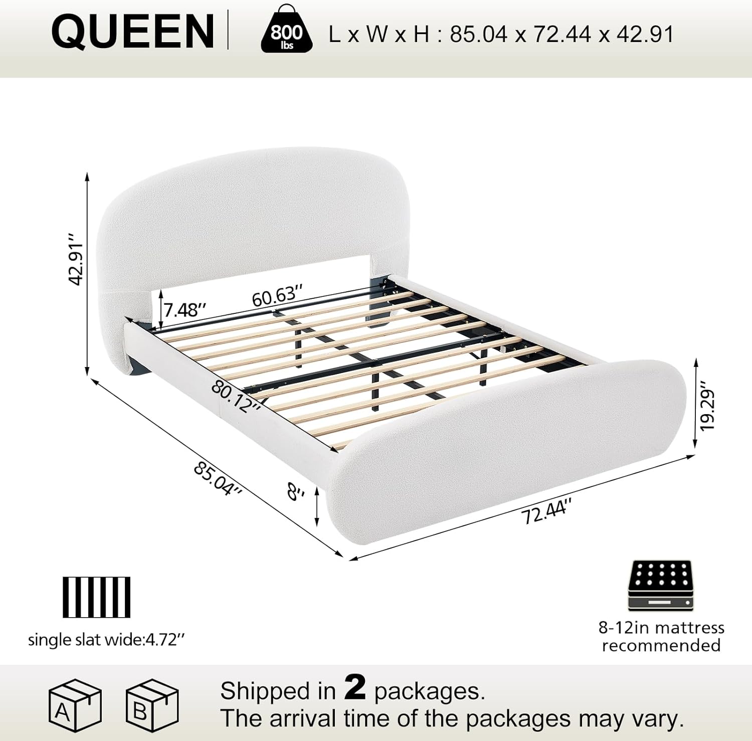 VELOCAVA Queen Size Upholstered Platform Bed Frame, Curved Silhouette Headboard & Footboard, Bouclé Texture, Removable Headboard Cover, 11 Plywood Slats, No Box Spring Needed, Cream White