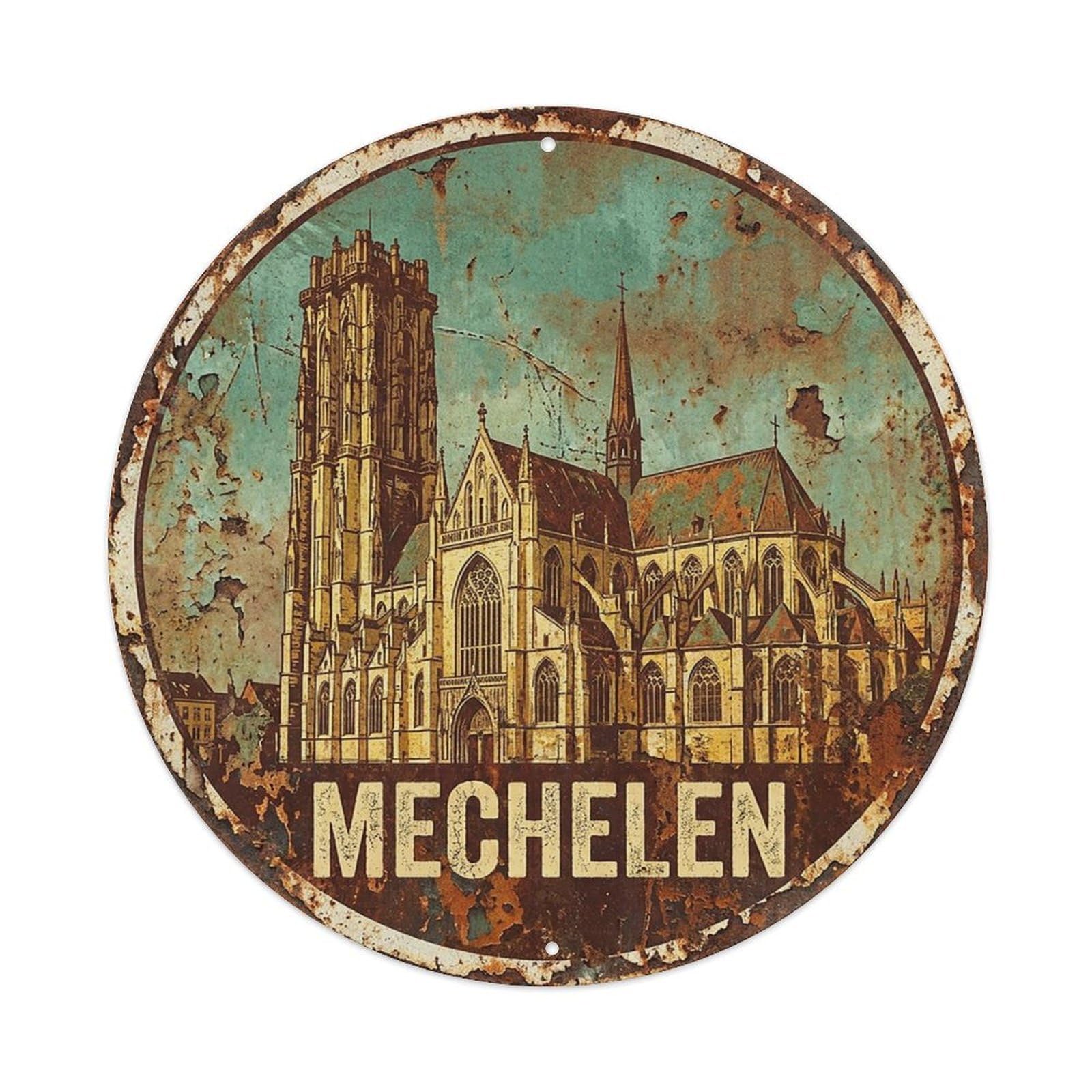 Yrnq 8X8inch Vintage Style Retro Travel Belgium Mechelen Metal Tin Sign