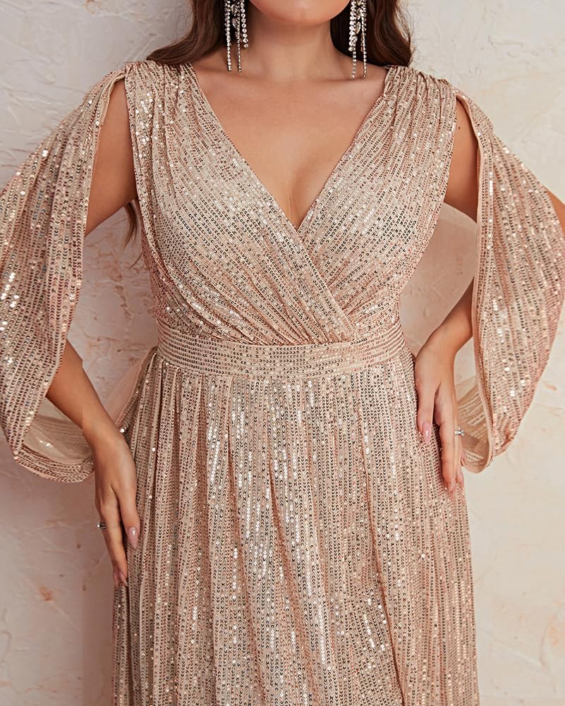 Women's Plus Size Flare Sleeve V Neck Side Split Sequin Formal Prom Dress - Image 6