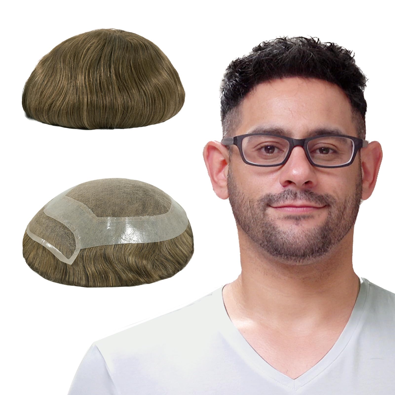Lordhair Toupet Capelli Veri da Uomo,Protesi Capelli Uomo,100% Capelli Umani,con Pizzo Francese e Bordo Della Pelle