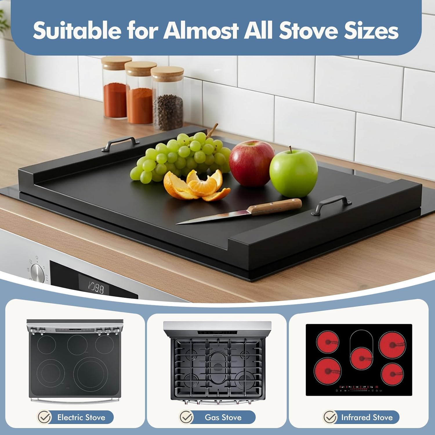 dumos noodle board stove cover with handles, wooden stove top cover for gas electric glass stove, 22 x 29.5 inch(black)