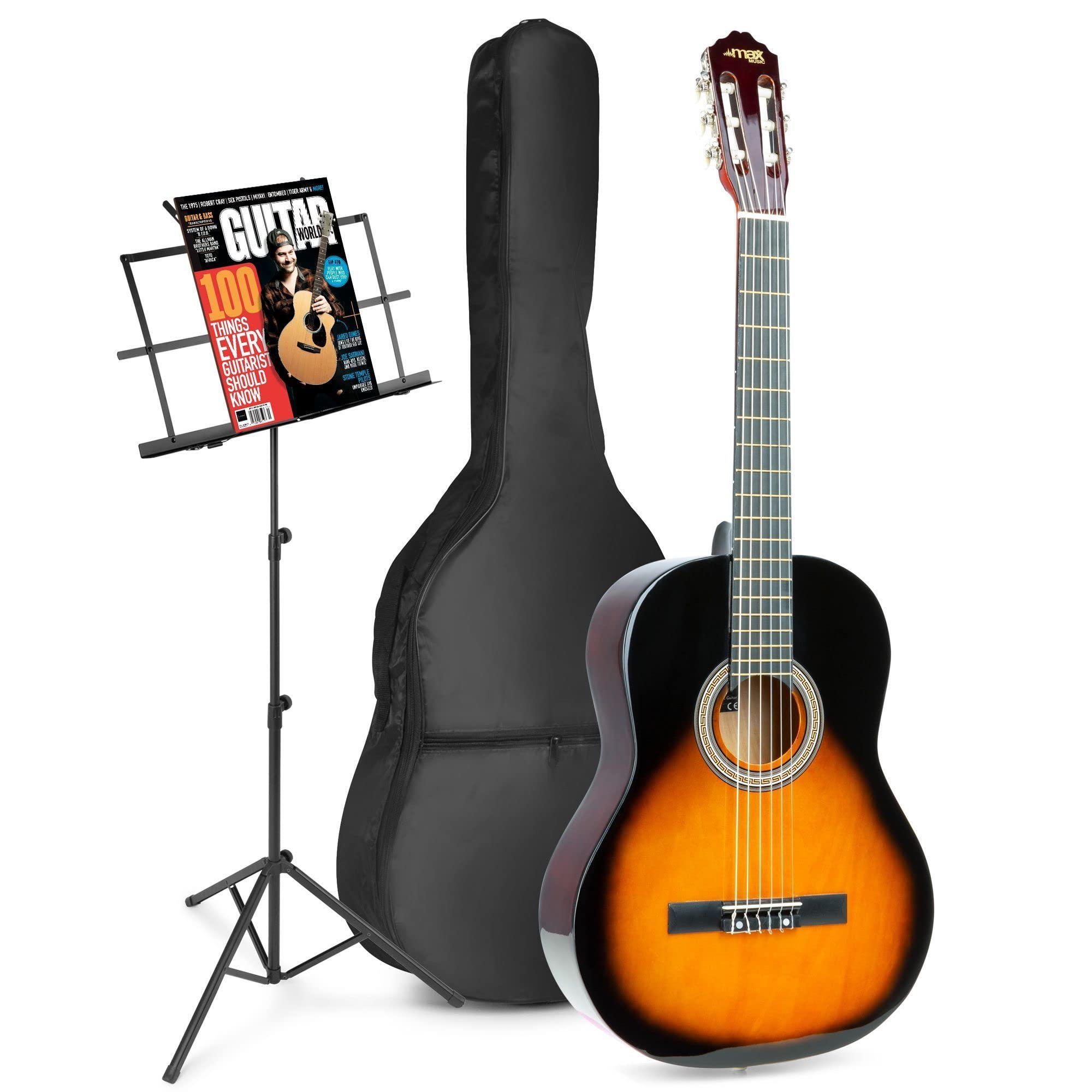 MAX SoloArt Guitarra Clásica Sunburst – Set Completo para Principiantes con Atril, Bolsa, Soporte, Afinador Digital, Cuerdas, Correa y Púas – Ideal para Niños desde 8 Años y Adultos
