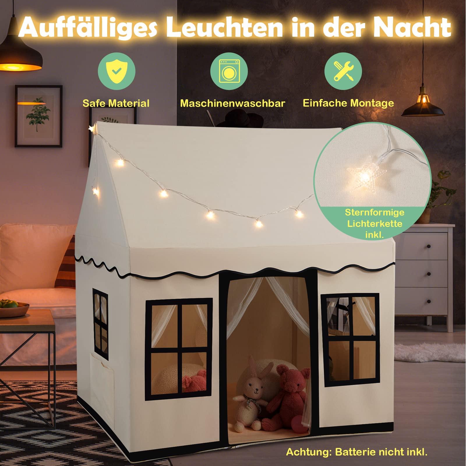 DREAMADE Spielzelt für Kinder mit Lichterkette und gepolsterter Matte, Tipi Zelt, Kinder Spielhaus mit Fenstern, Kinderzelt für Jungs und Mädchen, für Indoor und Outdoor (Beige + Schwarz)