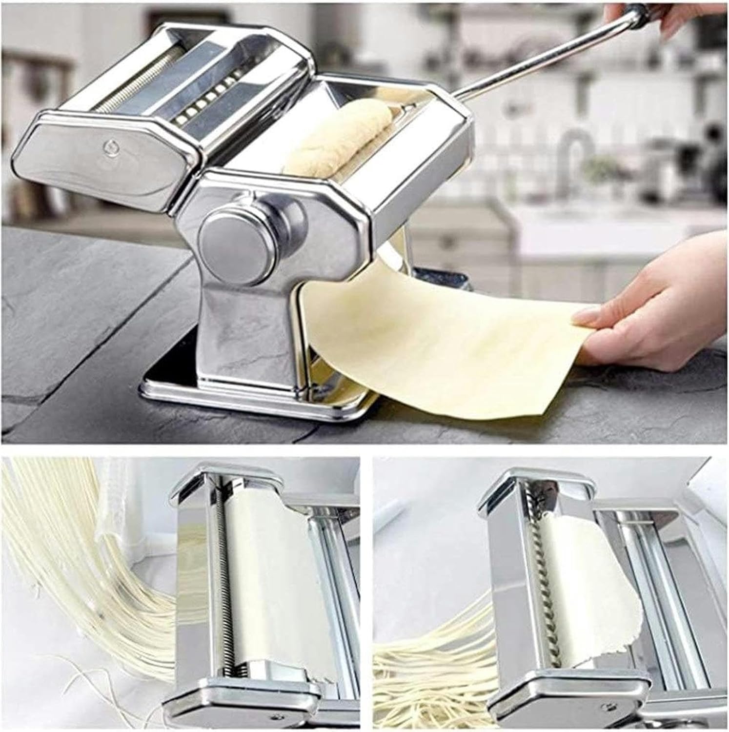 Wzglod Professional Pasta Maker Machine Spaghetti Roller Lasagne Tagliatelle Cutter Stainless Steel Machine Manual Gadget Noodle Machine Fresh Cutter (Silver One Size)