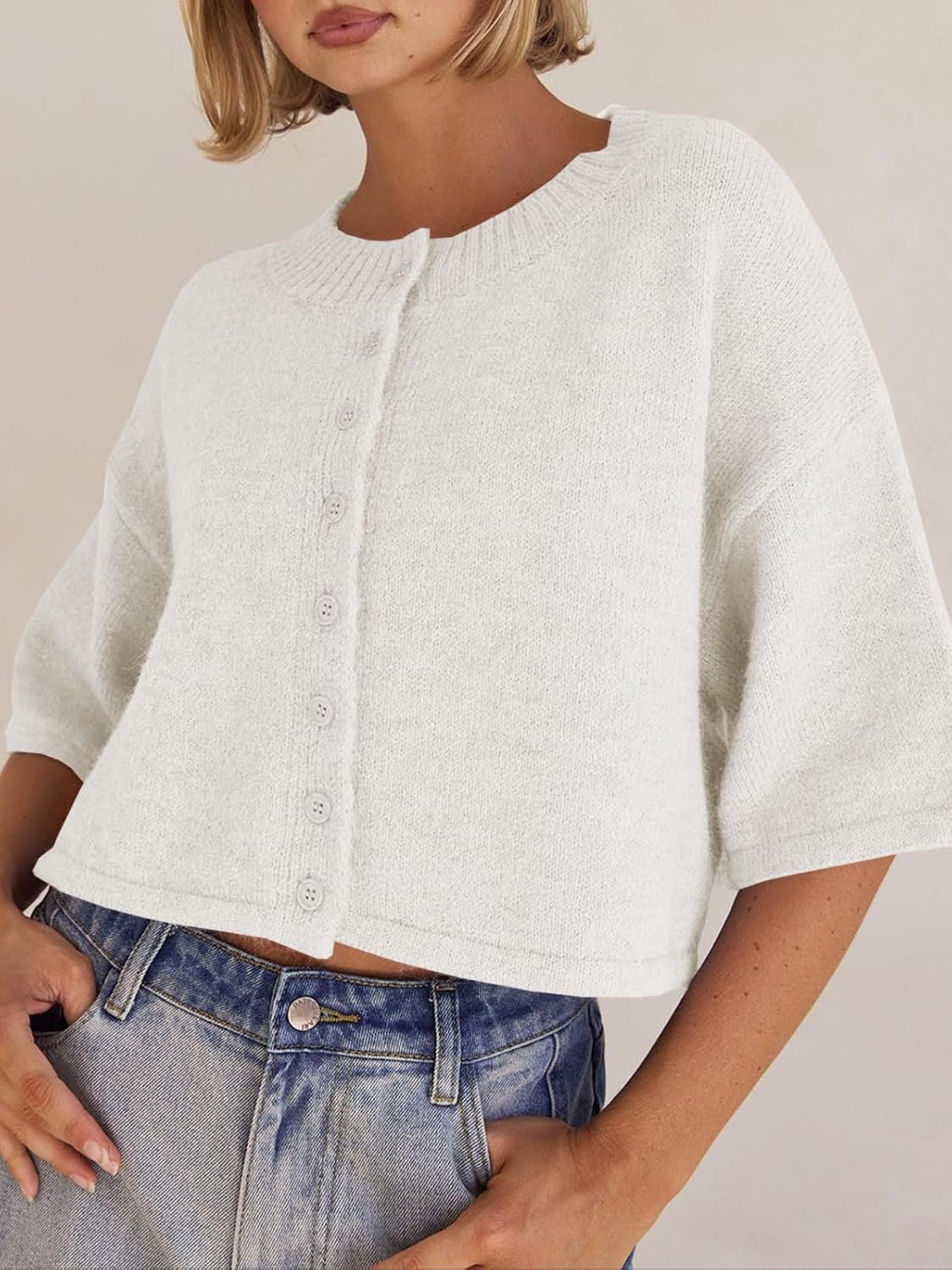 Saodimallsu Womens 3/4 Sleeve Cardigan Sweater Button Down Cropped Crewneck Cardigan 2025 Fall Casual Knit Tops