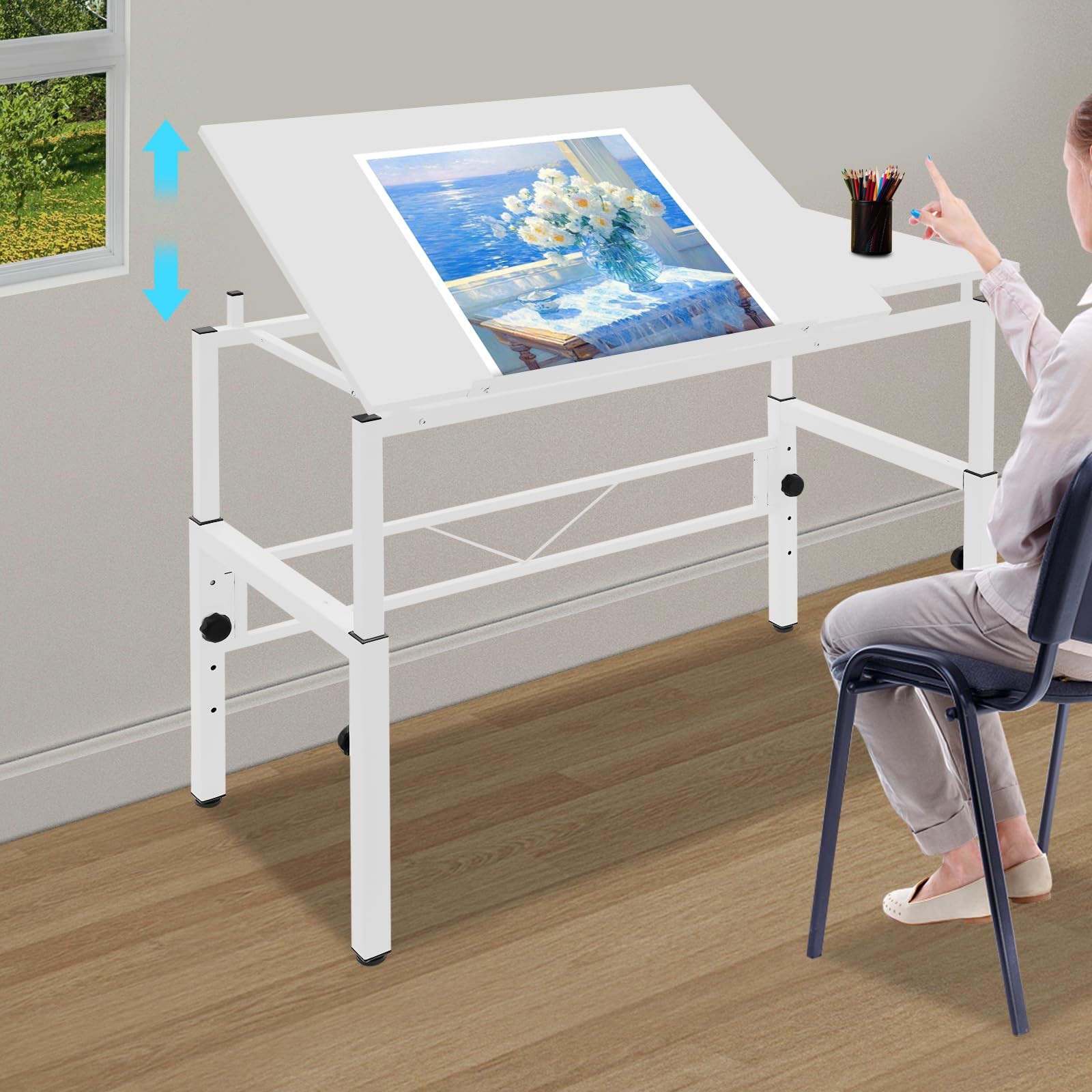 Adjustable Height White Drafting Table for Adults/Artists, Drawing Desk Tilting Tabletop Painting Artwork Station for Art Studio Home Office School