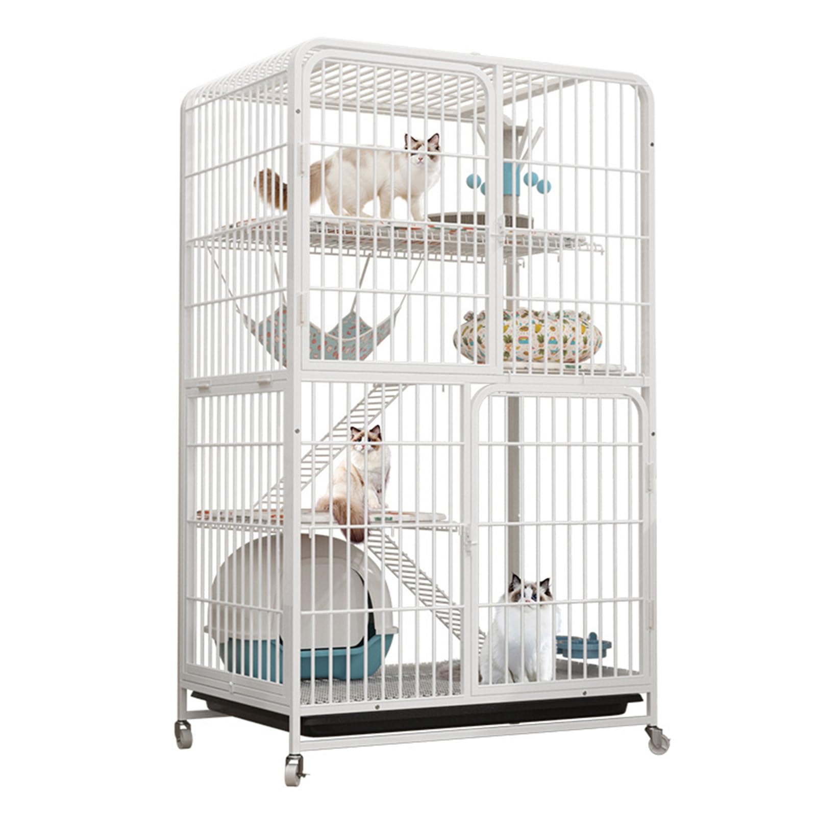 HARELA Jaula para Gatos Exterior/Interior, Parque de Metal para Gatos, Jaula para Mascota de 4 Niveles, Recinto para Gatos sobre Ruedas y Bandeja extraíble, FáCil de Montar