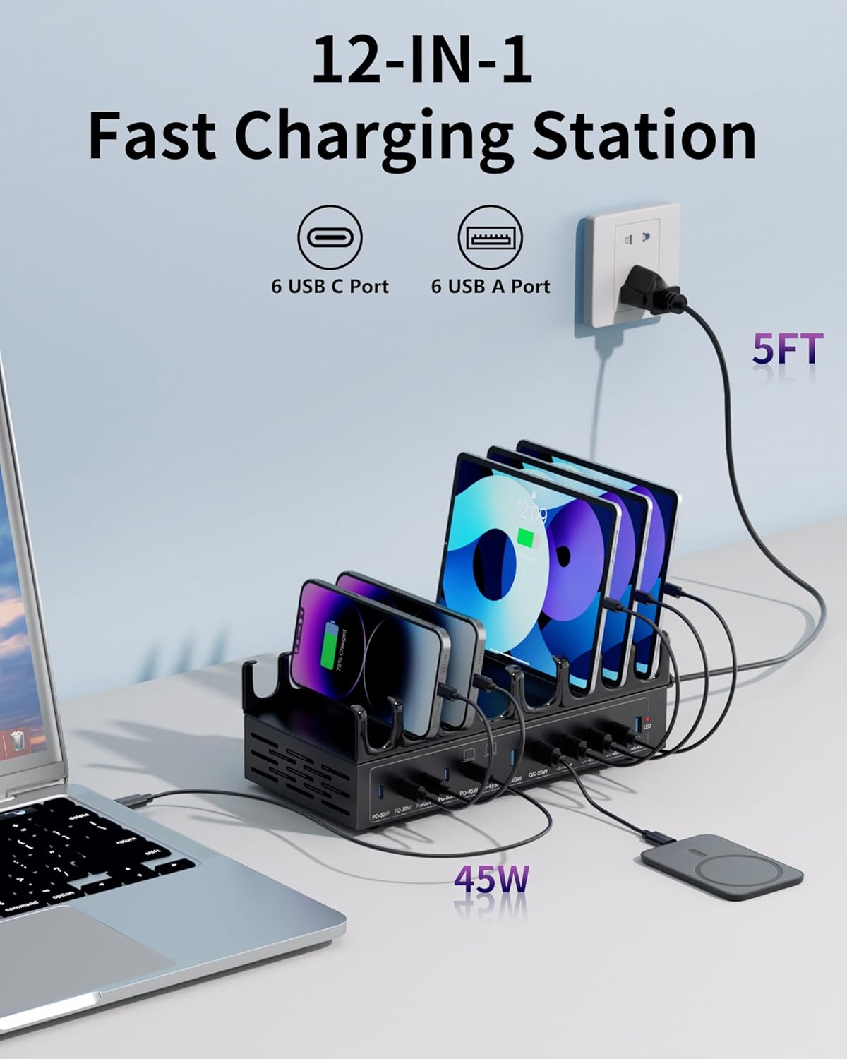 500W Charging Station for Multiple Devices, 12-Port USB C Charging Station with Dual 100W PD PPS, Multi Device Fast Charger Dock for MacBook Pro Laptop, iPhone, iPad, Tablet, Cell Phone
