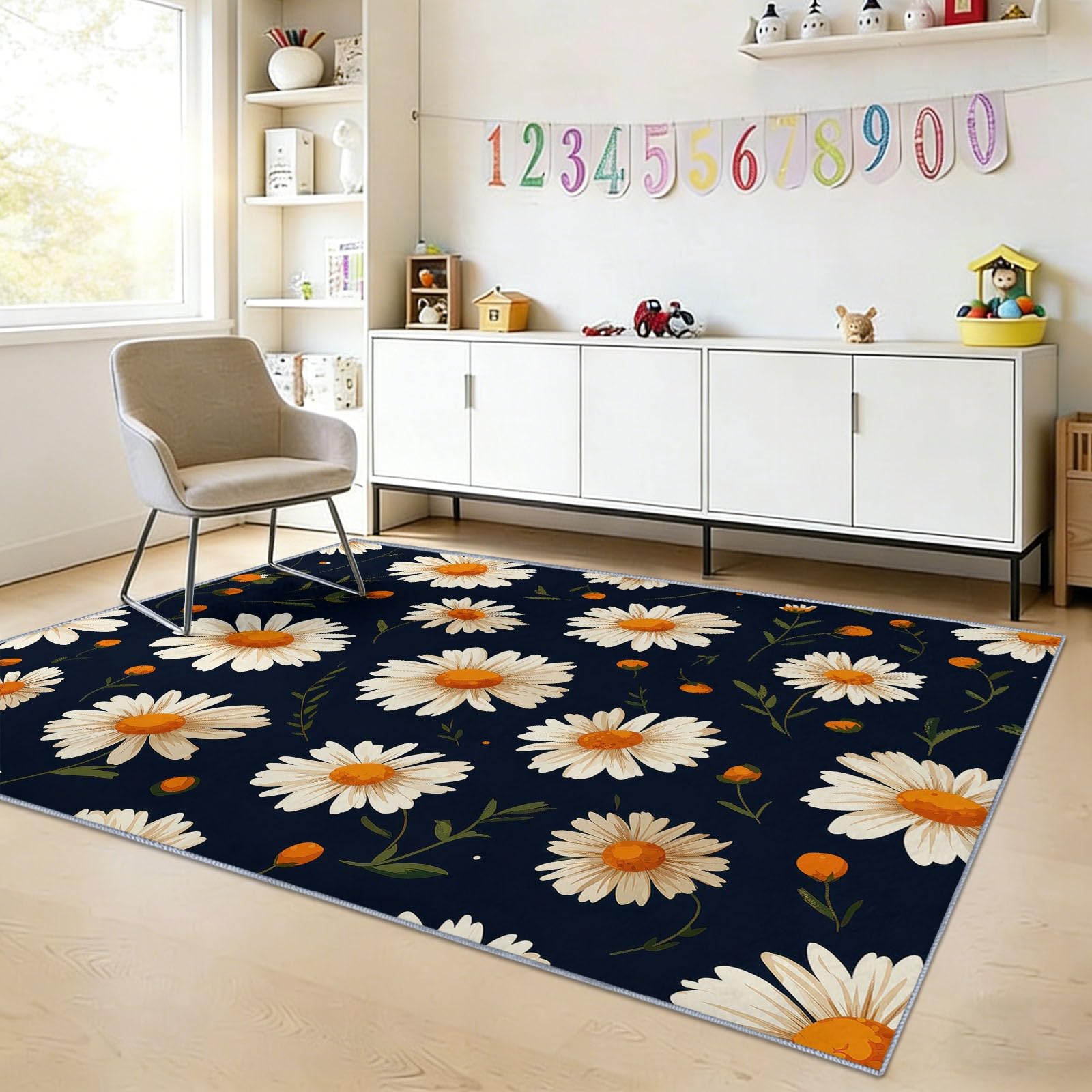 Alfombra de pelo corto 180 x 240 cm Planta Margaritas Alfombra de salón Minimalismo suave antideslizante moqueta para entrada interior entrada pasillo vestíbulo