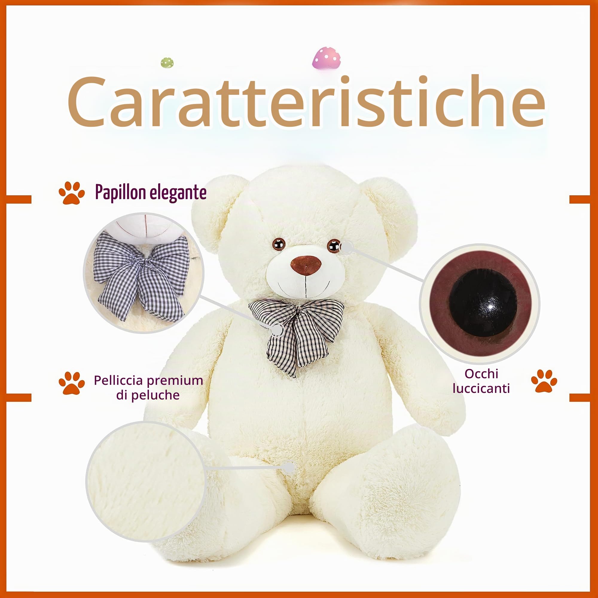 EARTHSOUND Orsacchiotto Gigante Peluche Grande Orso - Grandi Enorme Grandezza Naturale Jumbo Simpatici Animali di Orsi Grassi Oversize - Regali per Bambini Ragazze Ragazzi (Bianco, 120cm)
