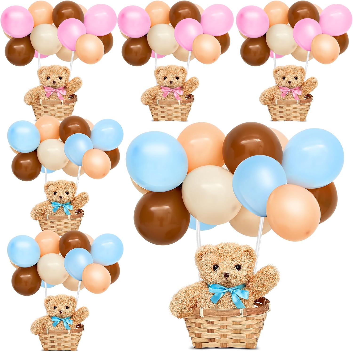 6 Set Bear Baby Shower Party Centerpieces Table Decoration 6 Gender Reveal Stuffed Plush Bears 6 Bamboo Baskets 60 Colorful Balloons 12 Balloon Stands Birthday Party Wedding(Blue, Pink)