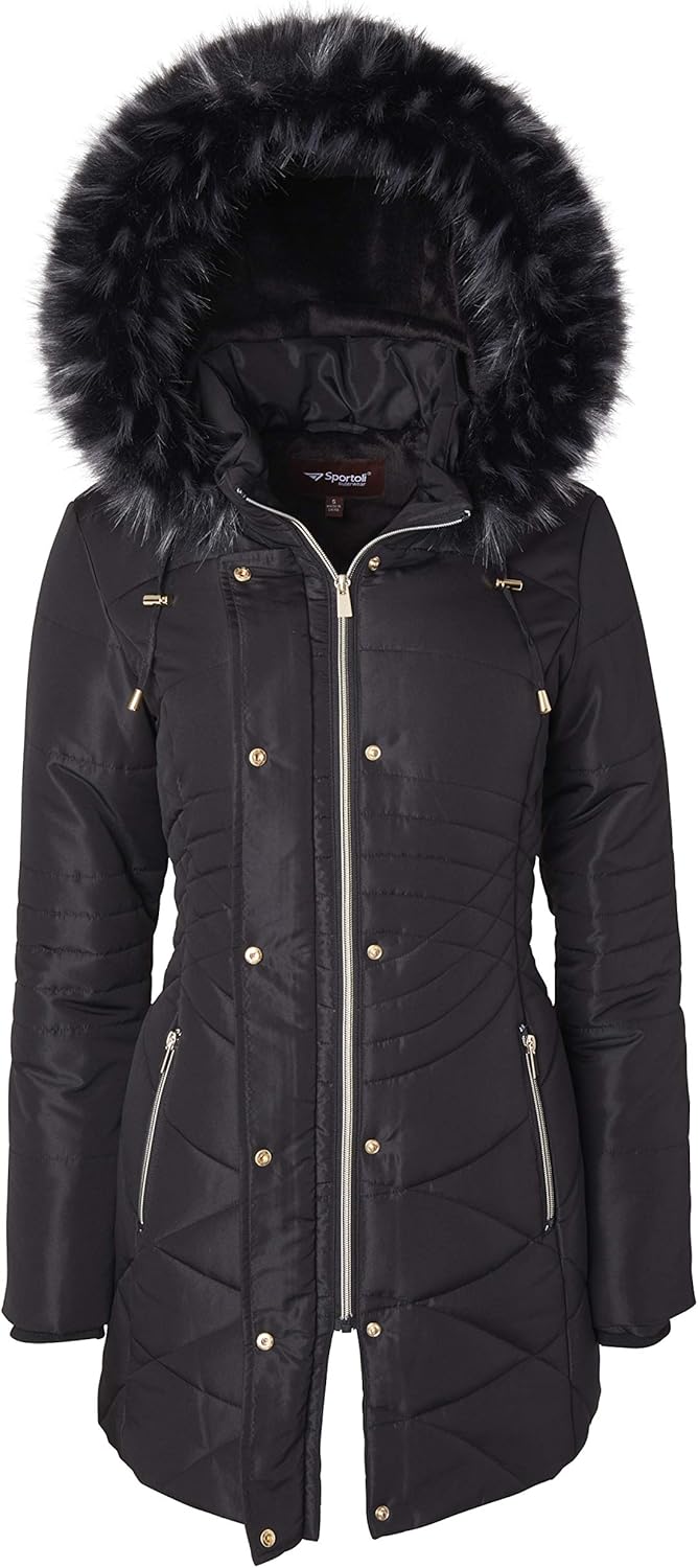 Women Longer Length Plush Lined Quilted Winter Puffer Coat Zip-Off Fur Trim Hood - Image 2
