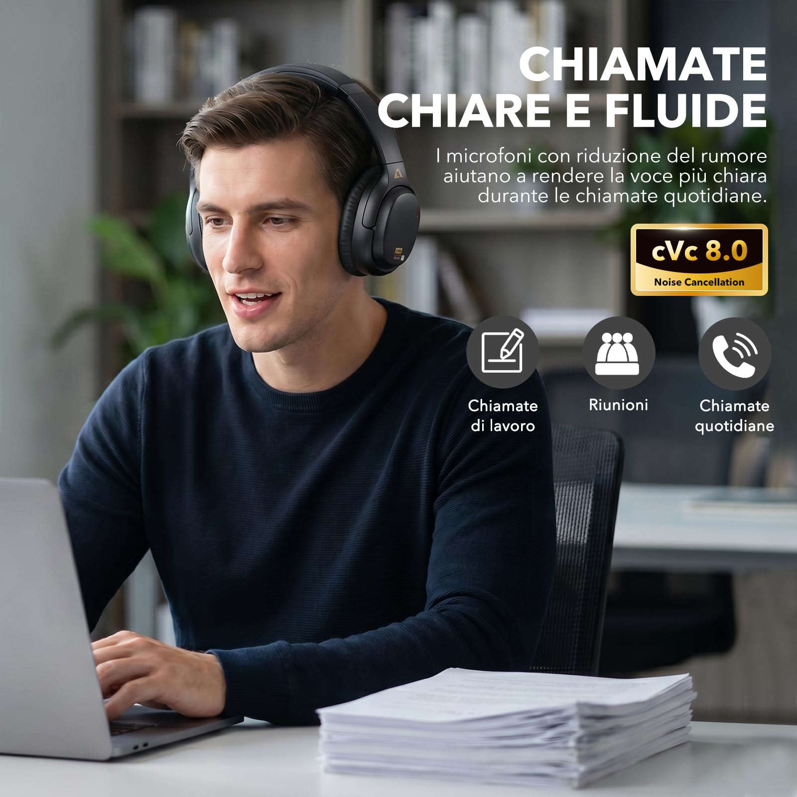 1Mii E700 Cuffie Wireless Bluetooth Over-Ear con Cancellazione Rumore, Nero | ANC Ibrida per Viaggi/Spostamenti, Audio Hi-Res LDAC per Musica, Comode per Ufficio/Studio, aptX Low Latency per TV/Aerei