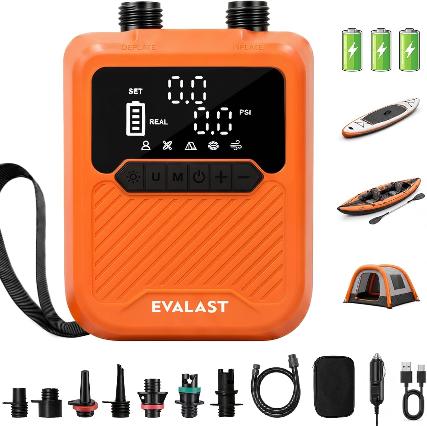 20 PSI Rechargeable SUP Pump with 12V Car Power | Auto shut-off, inflate and deflate, LED pressure display, 7 nozzles and storage bag for paddle boards, kayaks and boats.