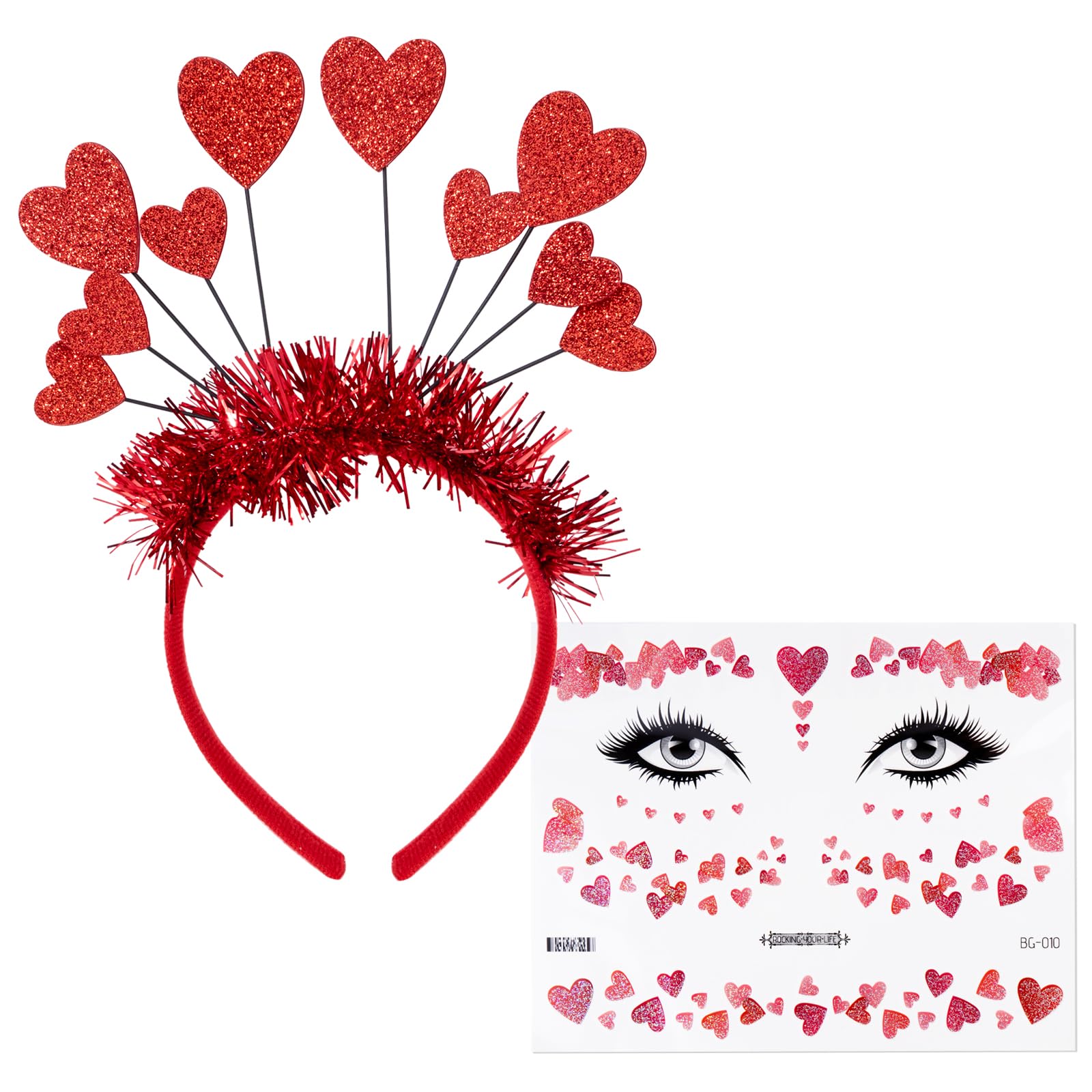 BOFUNX Cerchietto A Cuore Con Adesivi Viso A Forma Di Cuore - 2 Pezzi, Per San Valentino, Carnevale, Compleanni E Feste A Tema