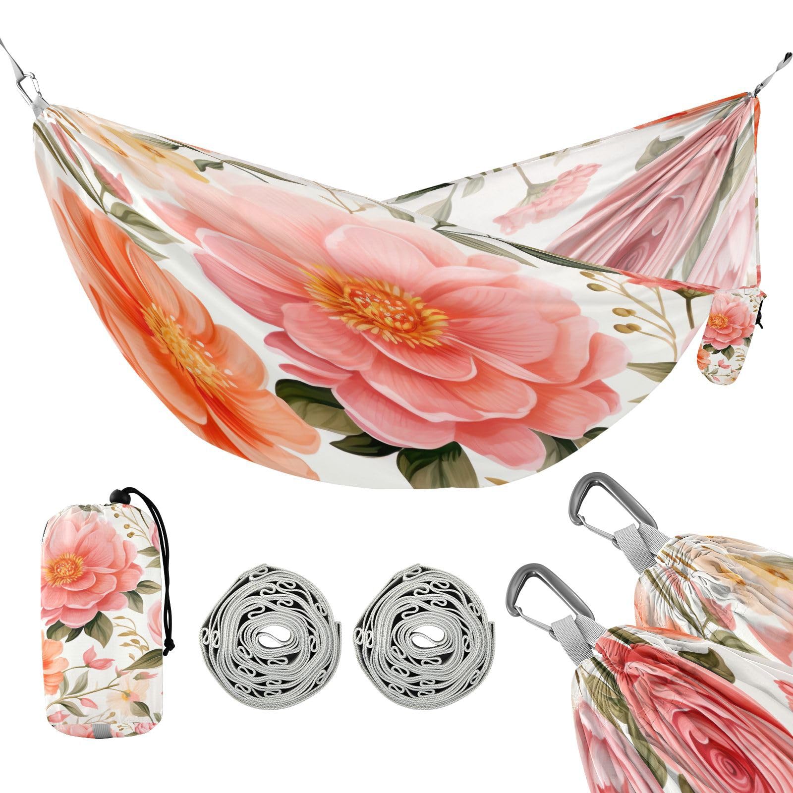 Kigai Pink Flower Camping Hammock Durable & Portable Travel Hammock Holds 330lbs with Tree Strapsm, Pocket, Camping Accessories