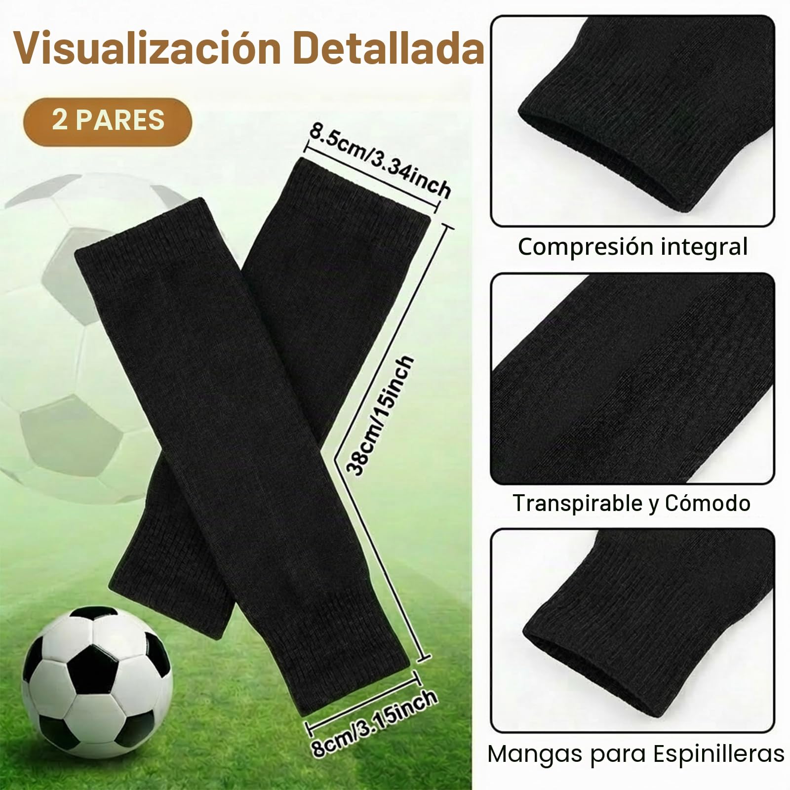 2 Pares de Medias de Fútbol sin Pie, Sujetador de Espinilleras para Adulto, Mangas de Compresión Transpirables y Antideslizantes