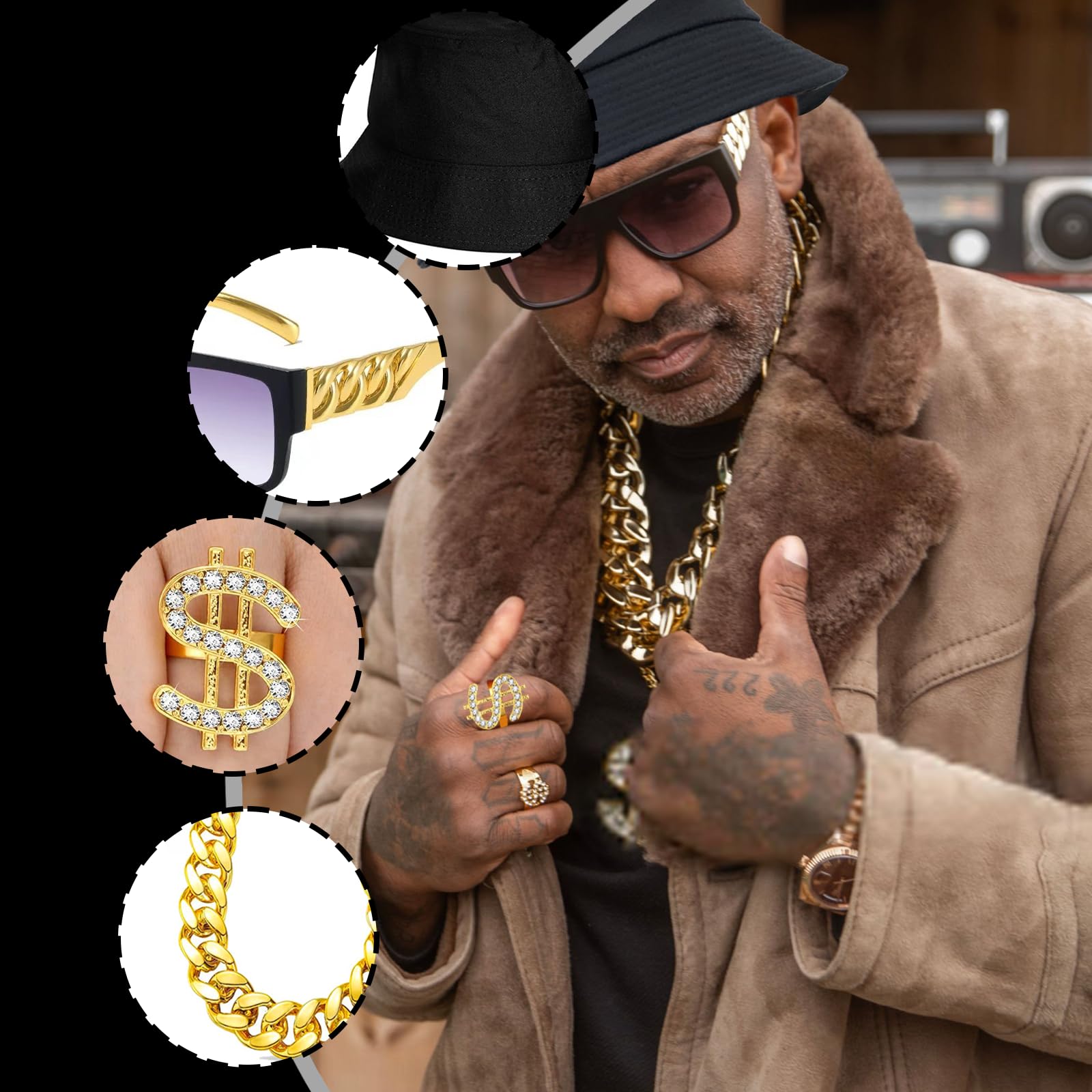 80s 90s Hip Hop Costume Kit, 7Pcs Hippie Dollar Sign Necklace Set including 2 Necklaces, 2 Rings, 1 Bracelet, 1 Sunglasses - Image 4