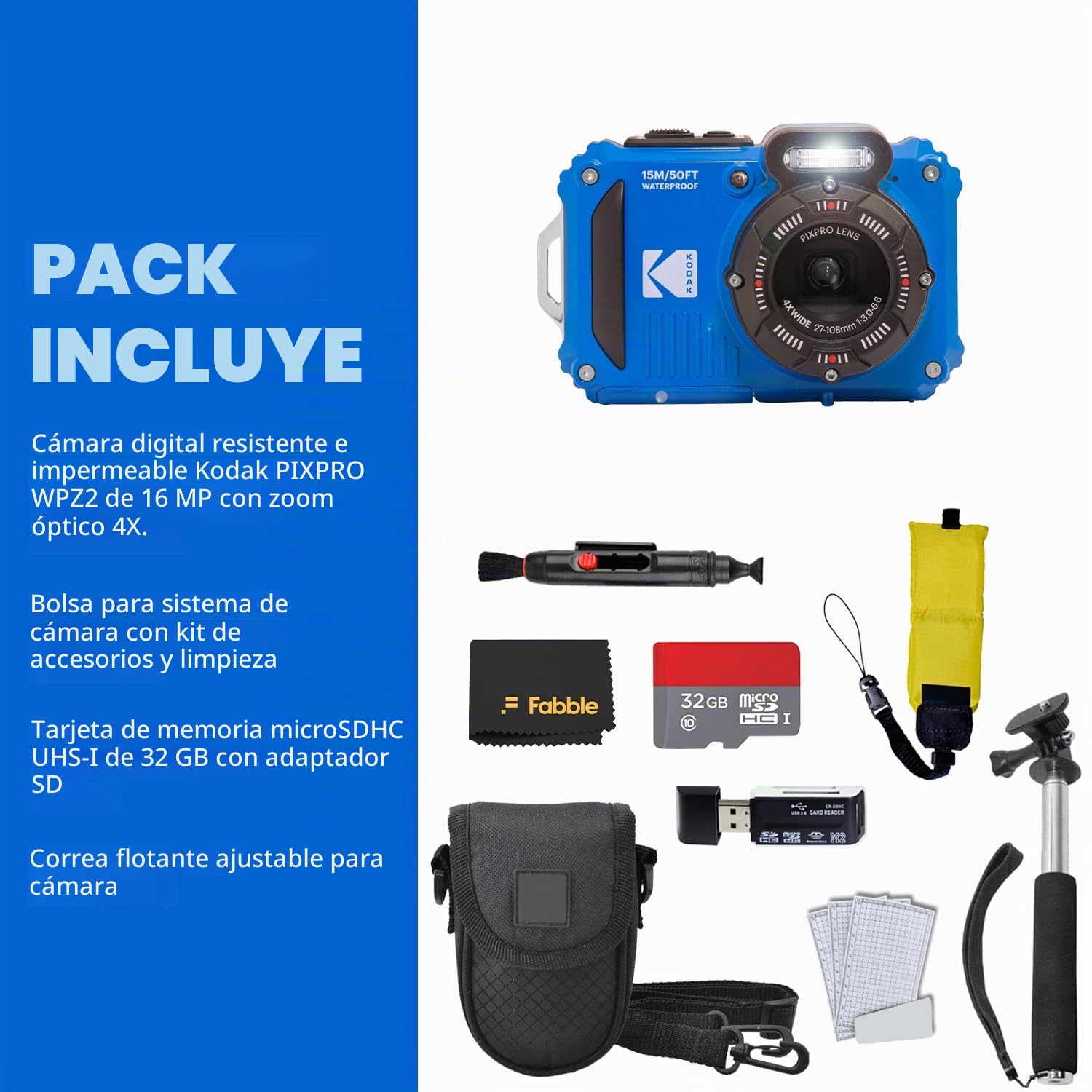 Kodak PIXPRO WPZ2 - Cámara digital resistente al agua y golpes, 16 MP óptico, 1080P, video Full HD, LCD 2.7" azul, tarjeta SD 32 GB, funda compacta