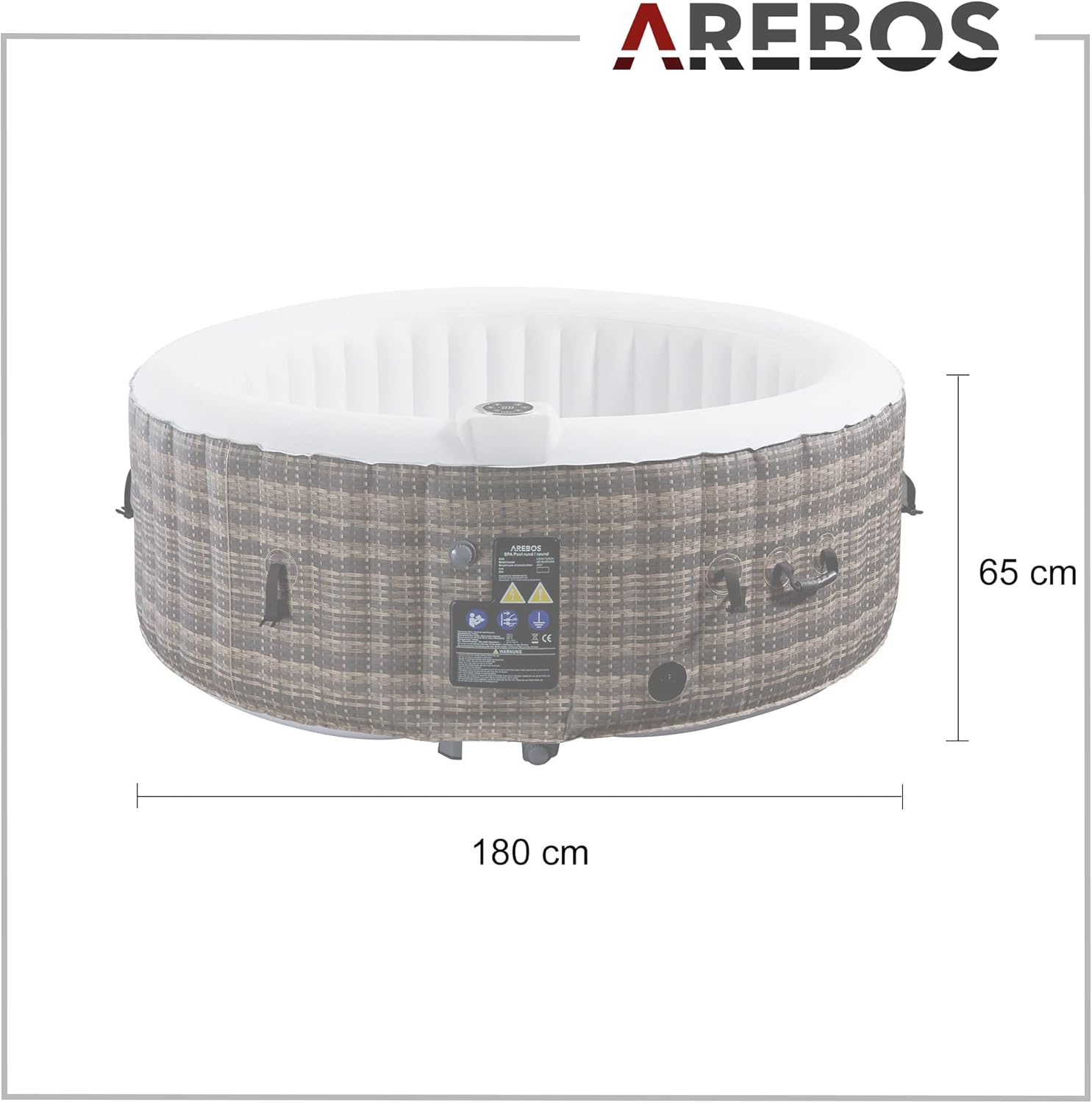 Diagrama que mostra as dimensións da bañeira de hidromasaxe inflable Arebos