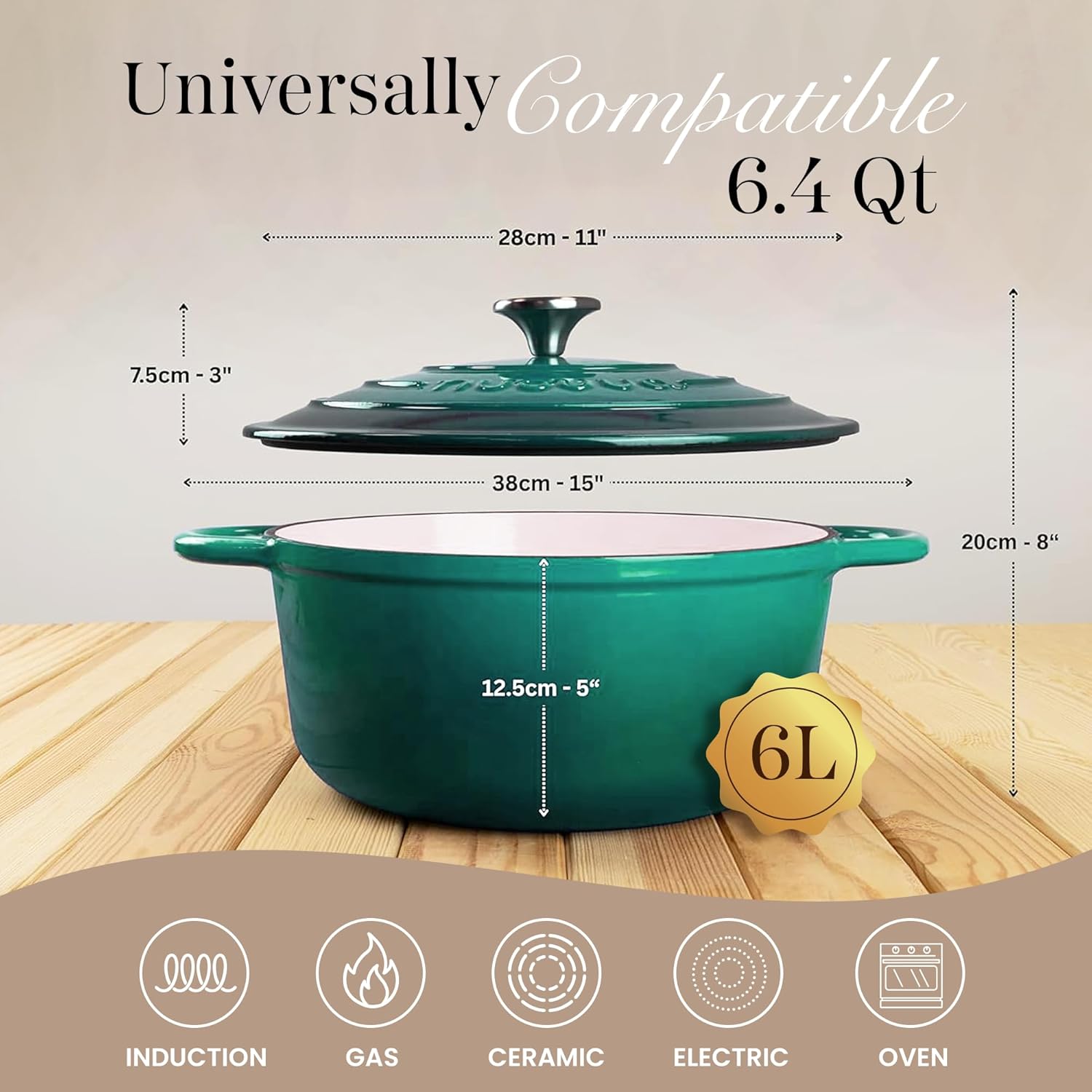 Nuovva Enamelled Cast Iron Dutch Oven Pot with Lid – 6.4 Quart Non Stick Casserole Pot – Heavy Duty & Oven Safe up to 500° F for Bread Baking, Braising, Stews, Roasting – 28cm Dark Green - Image 2