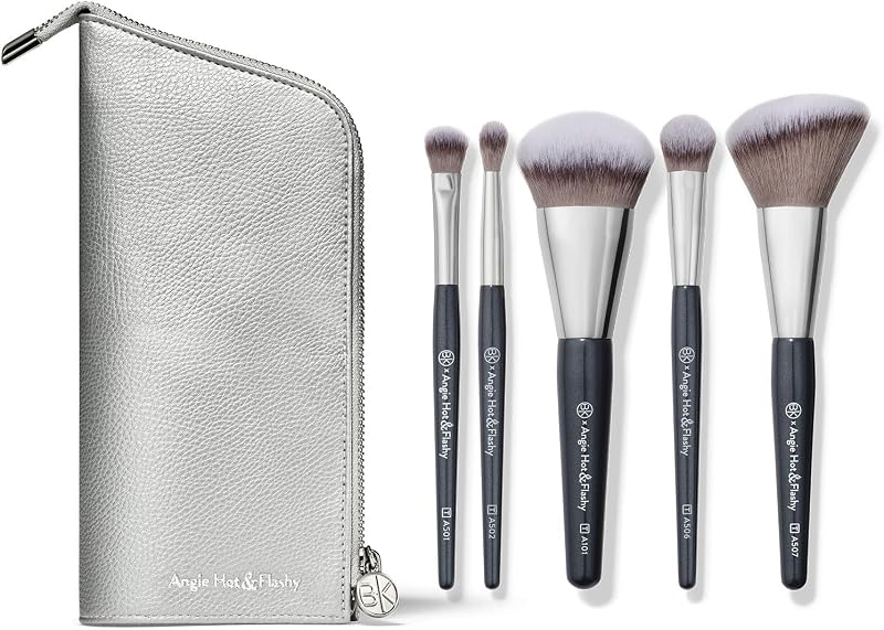 Angie Hot & Flashy Travel Makeup Brush Set, 5 Brushes | Includes A101 contoured foundation and A506 concealer brushes, plus pouch. Synthetic fiber, wood handles.