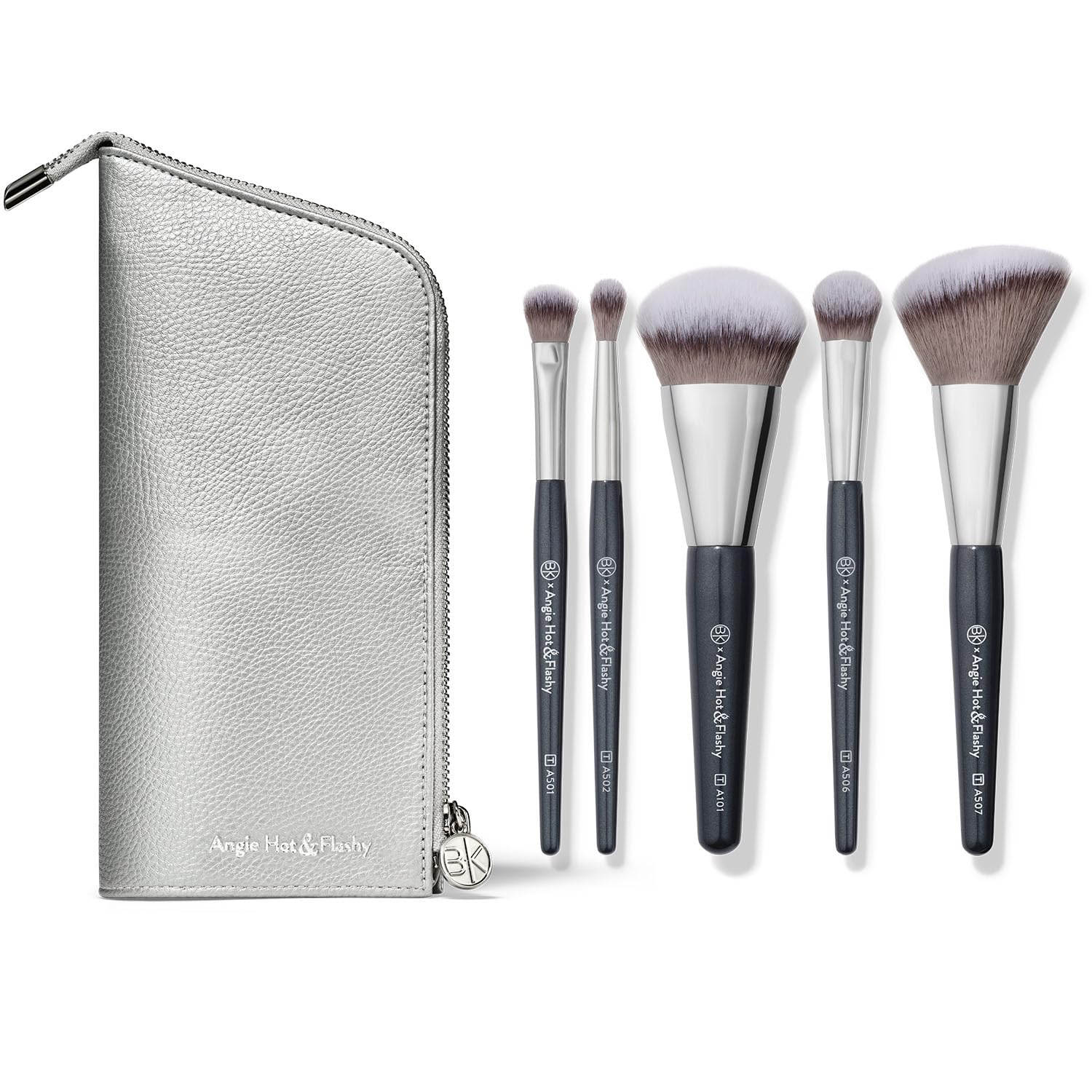 BK BEAUTY Pinceaux – Angie Hot & Flashy Lot de pinceaux de voyage avec pochette – Pinceaux de maquillage pour fond de teint liquide ou crème – Correcteur sous les yeux | Pinceau de maquillage