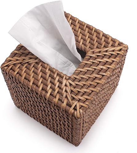Miniatura 2 de Cubierta de la caja de pañuelos de ratán tejido natural para servilleta facial cuadrada (marrón miel, 5.5 x 5.5 x 5.9 pulgadas)