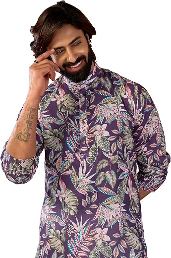 INDIROOP Classic Pink All Over Print Kurta for Mens