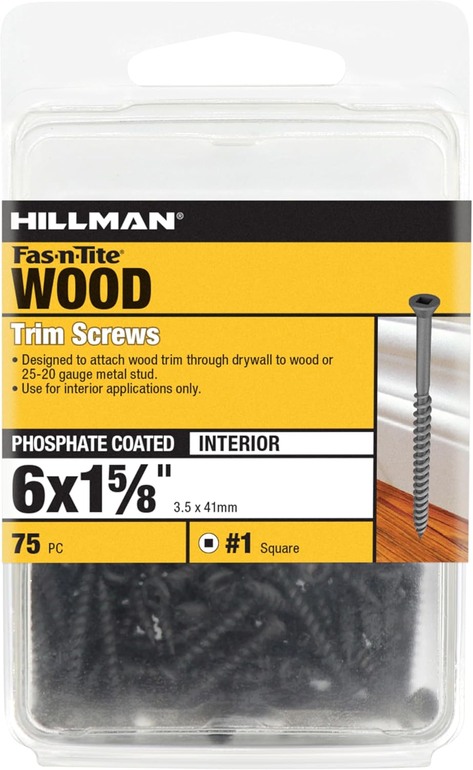 Hillman 75 Pcs Trim Screws (#6 x 1-5/8") | Square Drive Interior Trim & Drywall Screws | Black Phosphate Coated Fasteners for Wood, Metal Studs & Finishing Applications