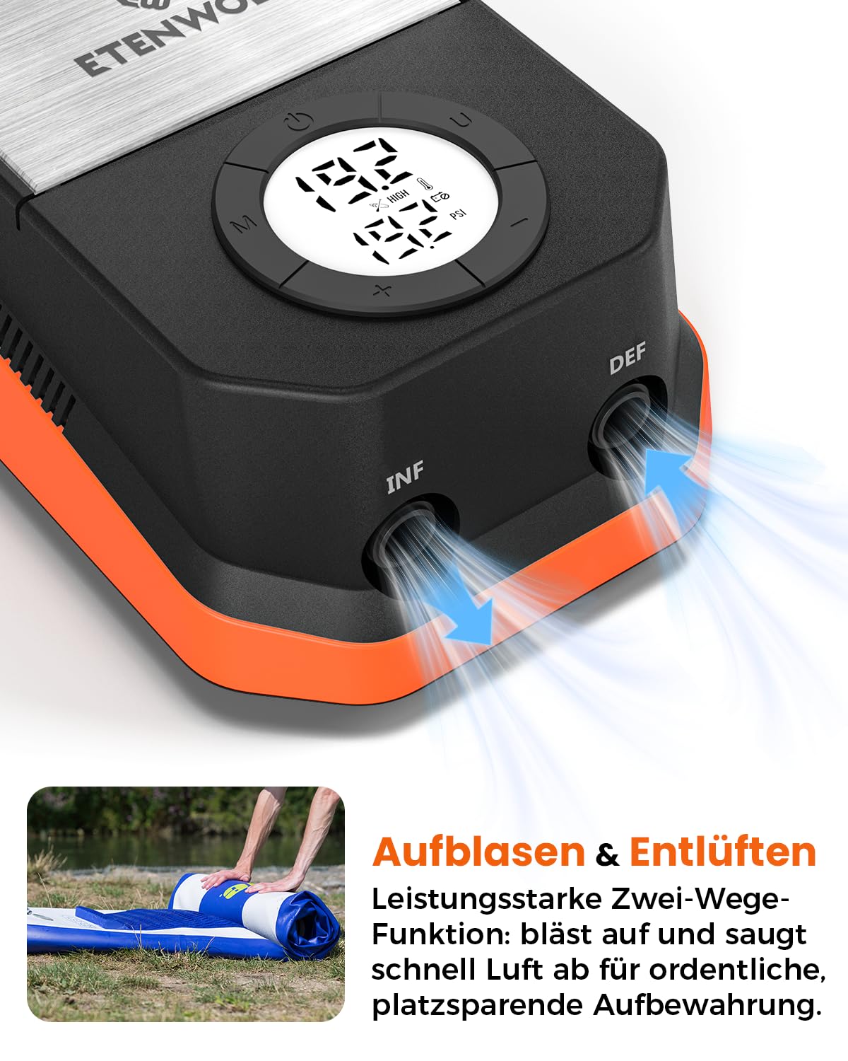 ETENWOLF S4 Elektrische SUP Pumpe, 1,4 bar Hochdruck 12V DC Luftpumpe mit Auto-Stopp & Deflation, 4X schneller elektrische Bootspumpe für Stand Up Paddle Board, Kajak, Luftmatratze, Zelt, Aufblasbare