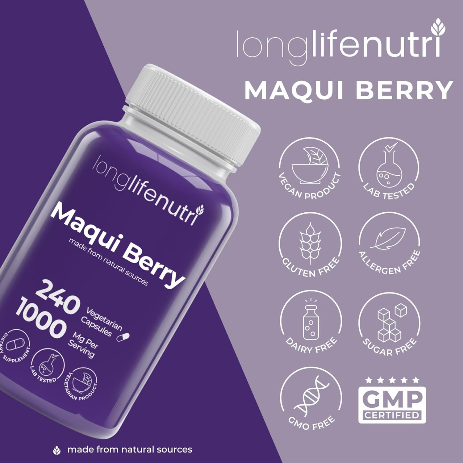 LongLifeNutri Maqui Berry 1000 mg – 240 Veg Caps (4-Month Supply), Organic Antioxidant Superfruit, Vegan, Non-GMO, GMP-Made in USA