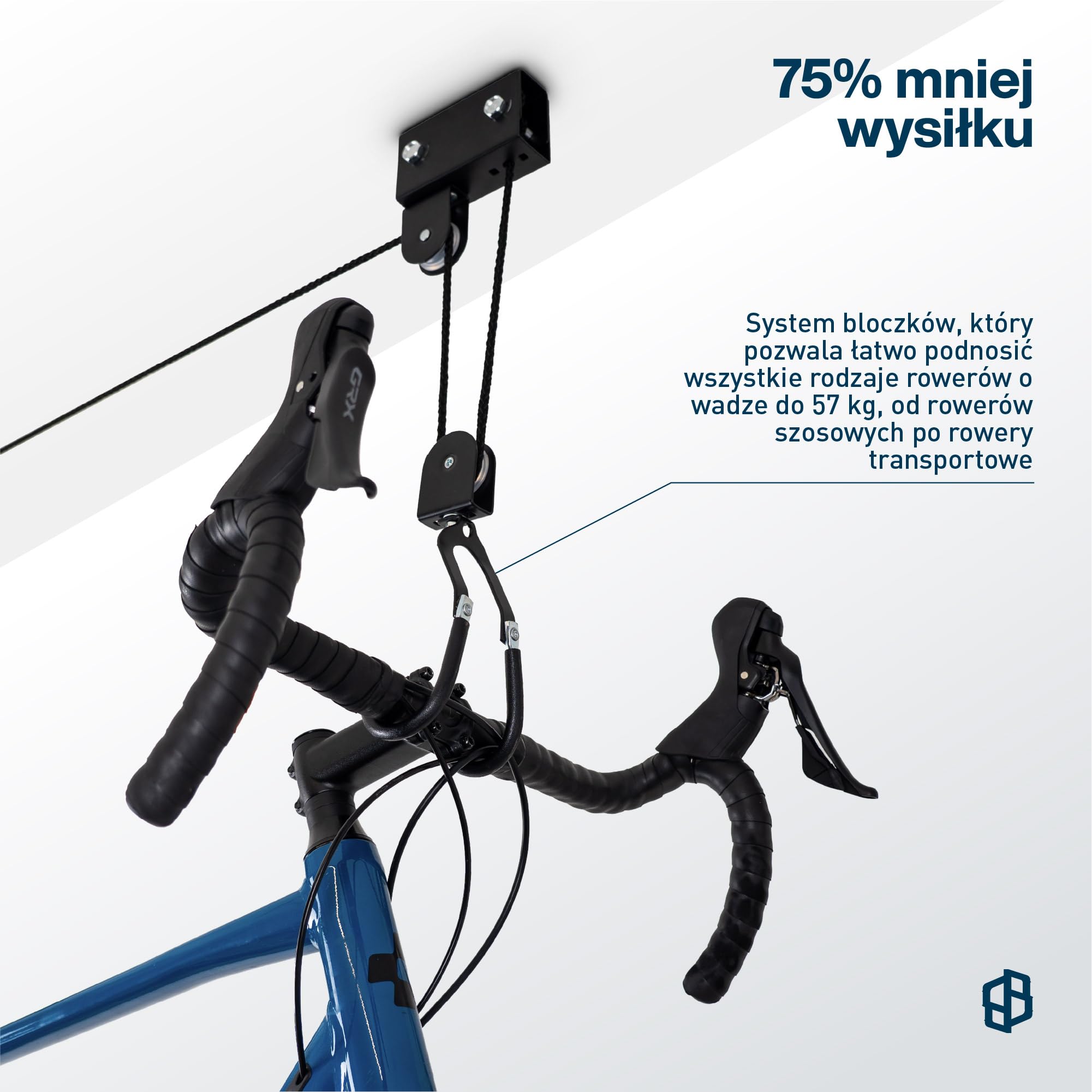 Uchwyt rowerowy do garażu z kołem pasowym, uchwyt ścienny do roweru, bagażnika dachowego, kanu itp. | Zawieszenie "Louis Lift" by Bike Broz | 70002