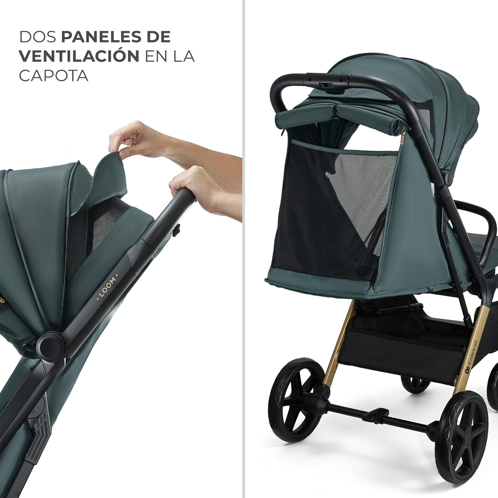 Kinderkraft LOOM Silla de paseo compacta y ligera, plegado automático, grandes ruedas antipinchazos, respaldo reclinable, desde el nacimiento hasta 22 kg, Verde