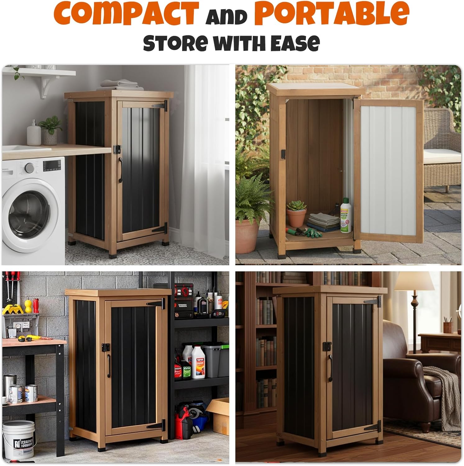 Small Outdoor Storage Cabinet, Wood & Metal Storage Shed with Weatherproof Roof, Removable Shelf, Lockable Door, 2 Metal Hinges, Adjustable Feet, Outside Storage Cabinet