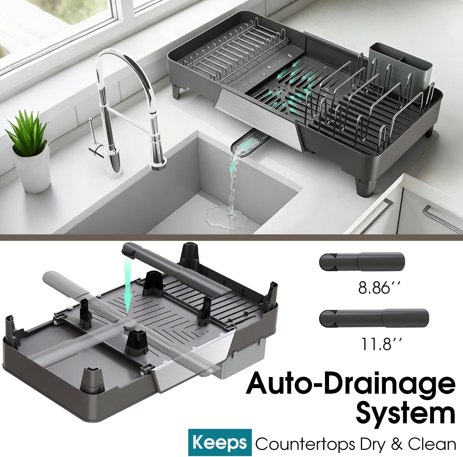Large Expandable Dish Drying Rack, Dish Racks for Kitchen Counter, Space Saving & Rust Resistant Dish Drainer with Removable Drainboard & Utensil Holder, Adjustable Length 16.4 to 24.4 Inches